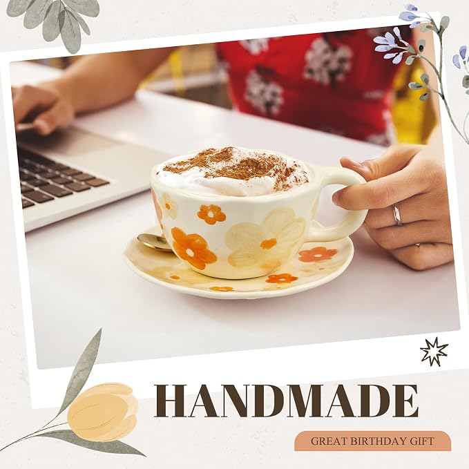 Vesici 4 Set Ceramic Coffee Mug Set with Saucer and Spoon Cute Mothers Day Gifts for Mom 8.5 oz Vintage Floral Tea Cup Aesthetic Mug Gift for Women, Dishwasher and Microwave Safe (Mixed Styles)