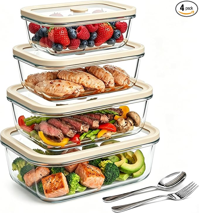 4 Pack Glass Meal Prep Containers with Glass Lids, Plastic-Free Glass Food Storage Containers, Multi-Size Glass Food Prep Containers for Lunch, Leftovers, Microwave, Freezer (12, 21, 35, 50 oz)
