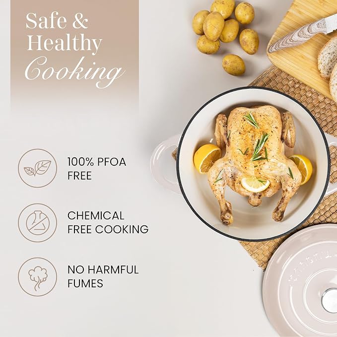 Nuovva Enamelled Cast Iron Dutch Oven Pot with Lid 6.4 Quart Non Stick Casserole Pot-Heavy Duty & Oven Safe up to 500° F for Bread Baking, Braising, Stews, Roasting - 28cm Oyster