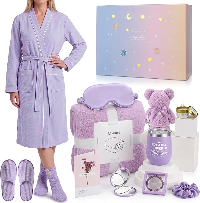 Sieral 14 Pcs Birthday Gifts for Women Care Blanket Gifts Set Spa Baskets Get Well Soon Gift Baskets for Women Mom Her Girlfriend Sister Daughter Friend Wife Grandma(Piped,Purple)