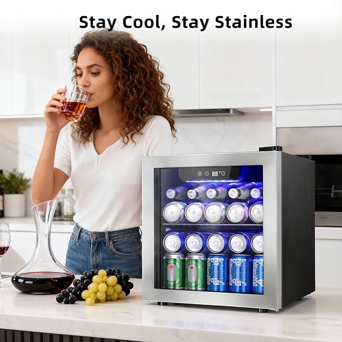 Antarctic Star 48 Can Mini Beverage Refrigerator, 1.3 Cu.Ft Compact Drink Cooler with Glass Door, Adjustable Temp 40-61°F, Quiet Freestanding Wine & Soda Cooler for Home Office Dorm, LED Lit
