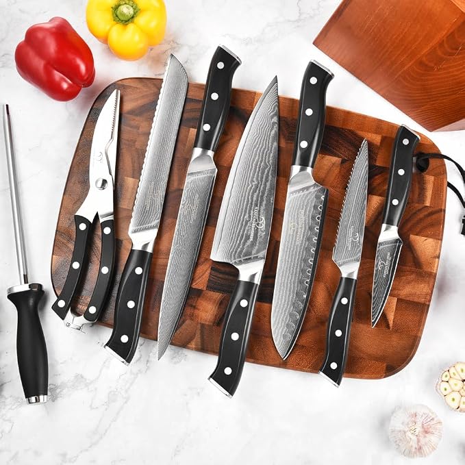NANFANG BROTHERS Damascus Knife Set, 9-Piece VG10 Kitchen Knives with Block | 9-piece professional Damascus kitchen knife set with VG10 steel core, 66 layers, wood block, and ABS handles