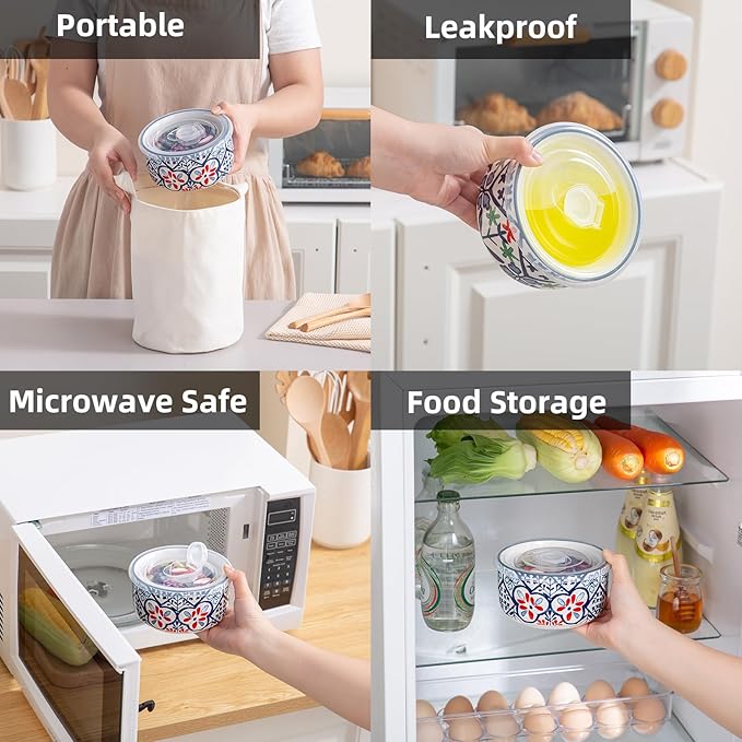 Ceramic Bowls Set with Lids: Set of 4 Microwave Safe Bowls for Soup Meal Prep Cereal Salad Fruit - Food Storage Containers with Lids for Work Lunch Pinic Camping - Pattern A2