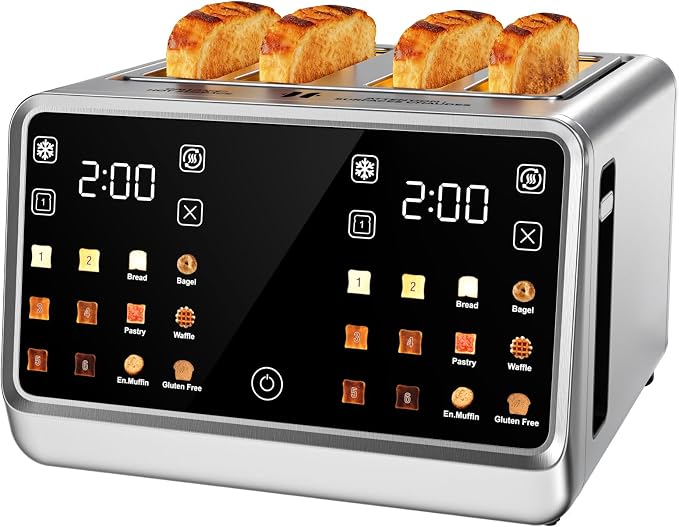 Smart Toaster 4 Slice with Dual Touchscreen & Independent Controls, 1800W Stainless Steel, Wide Slots for 6 Bread Types & Toast Settings,Single-Slice Modes, Defrost, Reheat