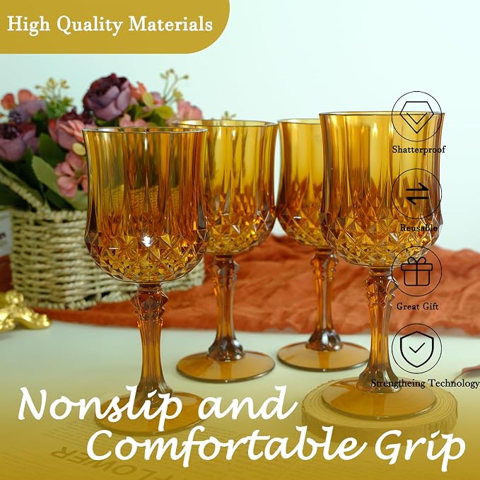 Plastic Wine Glasses, Plastic Goblets Vintage Style Cordial Unbreakable Drinking Glasses,Reusable Drinkware for Wedding Reception, Grand Event Party Supplies (12, Amber)