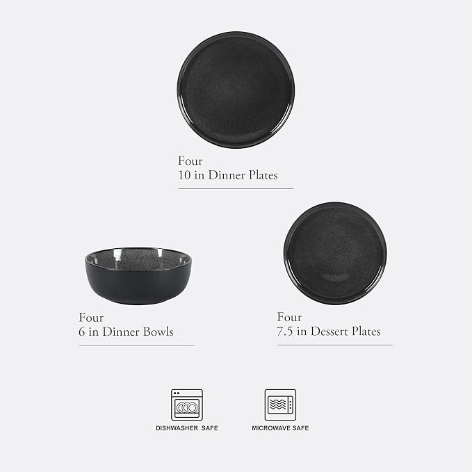 Gibson Elite Tahoe Sunset 12 Piece Stoneware Reactive Glaze (Service for 4) Ceramic Plates and Bowls Dinnerware Set - Black