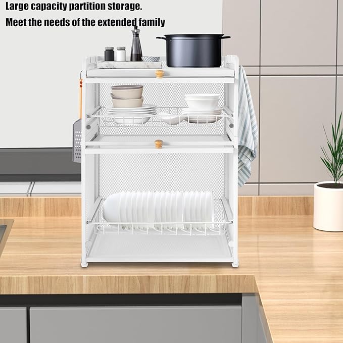 3 Tier Dish Drying Rack Modern House Ware Dish Organizer Cutlery Drainer with Lid Cover Detachable Drip Tray Storage Box Basket for Kitchen Organizing Storage Holder