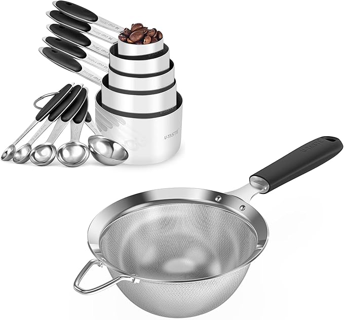 U-Taste 10 Piece Measuring Cups and Spoons Set in 18/8 Stainless Steel, and 18/8 Stainless Steel 5.5 inch 30 Mesh Strainer (Black)