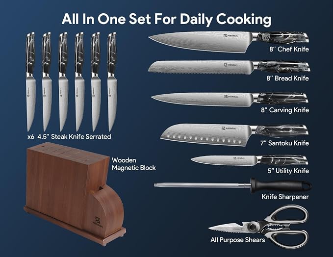 Knife Set for Kitchen 14 Pieces with Magnetic Block, German Razor Sharp High Carbon Stainless Steel Damascus Pattern, Full Tang Ergonomic Handle, Black Flowing Cloud Design