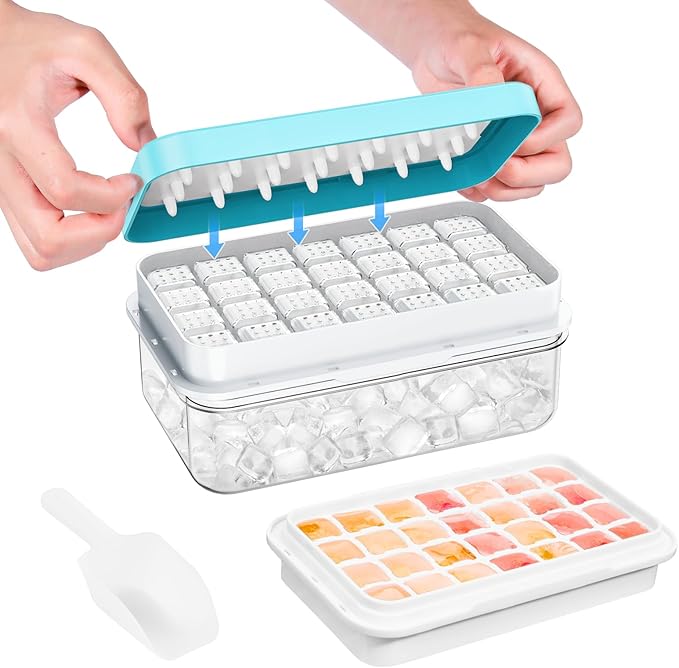 Ice Cube Tray with Lid and Bin, 28 pcs Ice Cubes Molds, Ice Trays for Freezer, Ice Cube Tray Mold, with 1 tray, Ice Freezer Container, Spill-Resistant Removable Lid & Ice Scoop, for Whiskey,Cocktail
