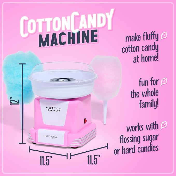 Nostalgia Cotton Candy Machine -Cotton Candy Maker With 2 Reusable Cones, 1 Sugar Scoop - Cotton Candy Machine for Kids Works with Flossing Sugar or Hard Candy for Fun & Convenience-Pink