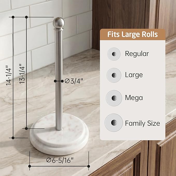 KES Anti-Slip Marble Paper Towel Holder Countertop with 2X Weighted Base, Rustproof 18/8 Stainless Steel Freestanding Paper Towel Roll Holder for Kitchen, Antique Brushed Steel, KPH208-2