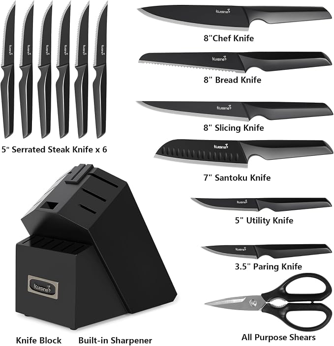 Kuisine Black Knife Set, 15-Piece High Carbon Stainless Steel Ultra Sharp Knife Block Set, Ergonomic Handle with Sharpener for Kitchen(15 PCS Black EX)