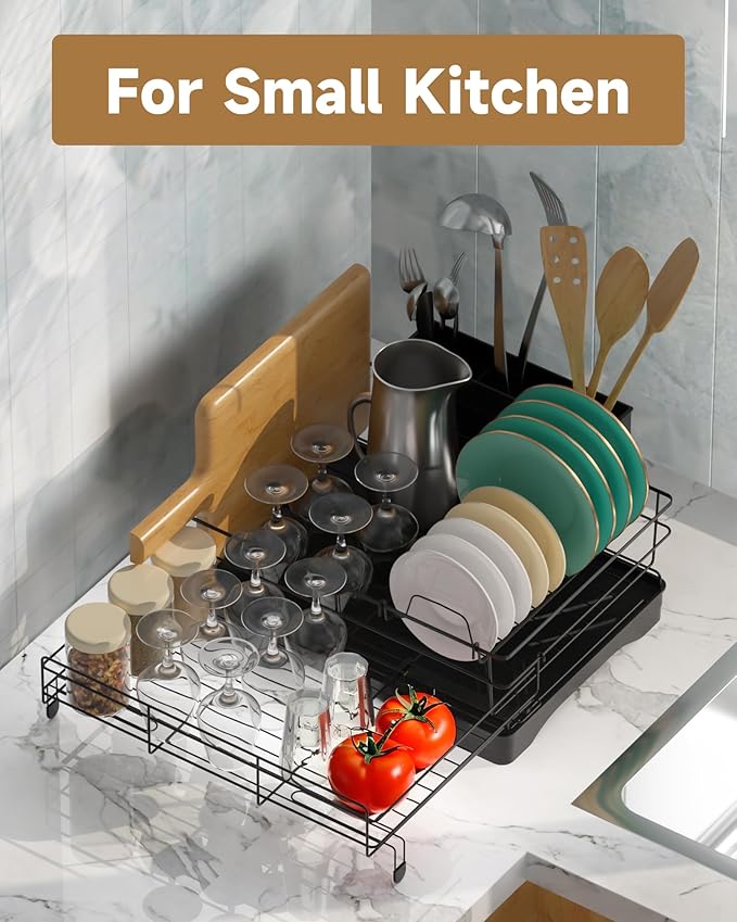 Dish Drying Rack Expandable Rack for Kitchen Counter, Carbon Steel Dish Racks Rust-Proof Large Capacity Dish Drainer with Utensil Holder, Space Saving for Bowls, Plates & Cups, Black