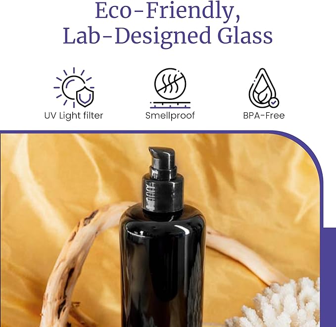 Infinity Jars 200 Ml (6.8 fl oz) Refillable Ultraviolet Black Glass Pump Bottles Leak-Proof Travel Containers for Toner, Sanitizer, Beard Oil, Hair Serum, Essential Oils 3-Pack