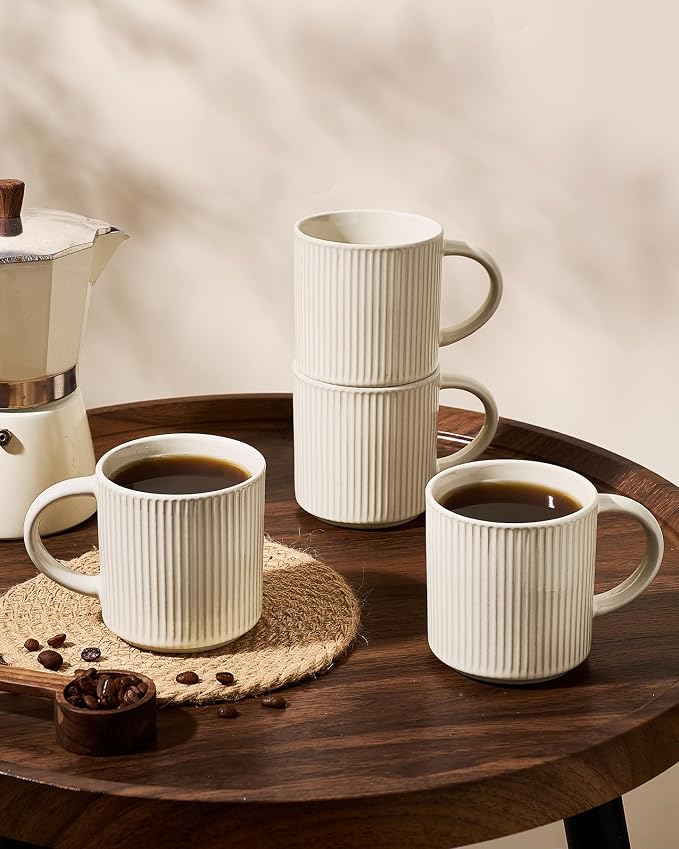 famiware Coffee Mug Set for 6, Star 12 oz Catering Mugs Cup Set with Handle for Coffee, Tea, Cocoa, Milk- Ceramic Stoneware Drinkware Set, Oat