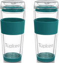 Double Wall All Glass Tumbler - 14-Ounce, Reusable Insulated Tea/Coffee Mug & Lid, Hand Blown Glass Travel Mug - Cyan- 2 Pack