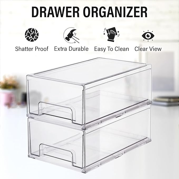 Clear Plastic Storage Drawer Organizer Bins, Perfect for Kitchen Organization or Pantry Organization and Storage, Fridge Drawer Organizer Bins, Pantry Storage and Organization Bins