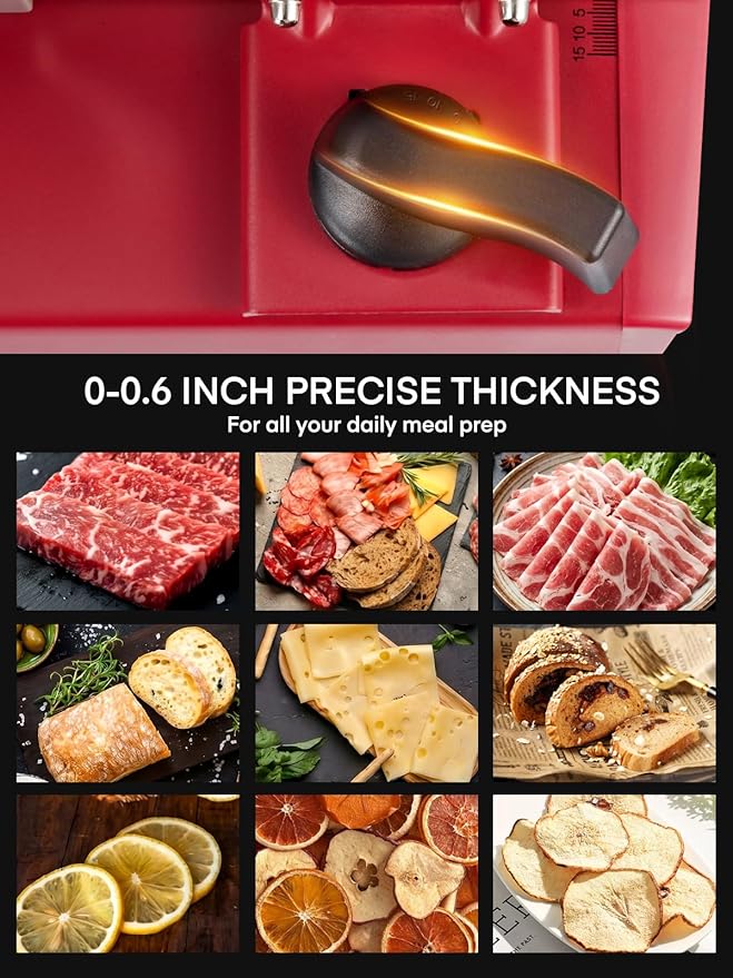 FOHERE 250W Meat Slicer Machine for Home, Electric Food Slicer with Stainless Steel Tray & Three 7.5" Stainless Steel Blade, 0-15mm Precise Thickness Deli Meat Slicer for Bread Fruit Vegetable (Red)