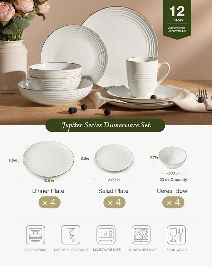 Famiware Jupiter 12-Piece Stoneware Dinnerware Set, Handcrafted Plates and Bowls with Speckles & Embossed Swirls, Chip/Scratch Resistant, Microwave/Dishwasher Safe, Modern Dishes, Service for 4, White