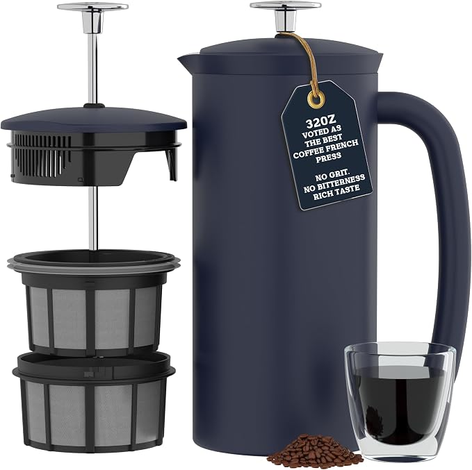 ESPRO Pro P7 French Press Stainless Steel 304 – Patented Double Walled Micro-Filter Insulated French Press Coffee Maker, Grit-Free Brew - Heat Resistant BPA Free - Aegean Blue, 32oz