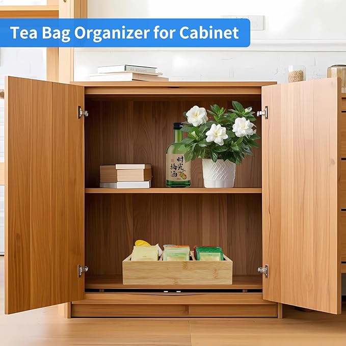 Wood Tea Bag Organizer with 6 Slots – Tea Bag Holder and Tea Organizer, Sugar Packet Storage for Countertops，Small Tea Packet Storage Box for Drawer, Removable Dividers,10 x 6.5 x 2.2inch