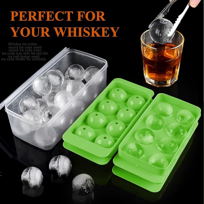 Whiskey Ice Cubes Mold,2 x 8 PCS x 1.8 inch Whiskey Ice Cubes,Circle Ice Cube Tray with Lid and Bin,Sphere Ice Ball Maker Mold,Round Ice Cube Mold for Cocktails,Whiskey