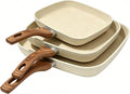 HealSmart 3 Pieces Nonstick Grill Pan Set, Square Cooking Skillets with Wooden Handles, PFOA-Free Multi-size Griddle Pans Fit All Stovetops, Indoor & Outdoor Cooking, 9.5",10.2",11", Beige