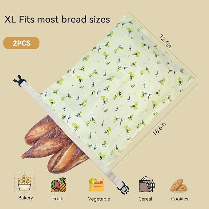 Reusable Beeswax Bread Bags, 2 Pack 16.6x12.6in Large-Organic Cotton for Sourdough Bread Homemade, Freezer Storage to Keep Fresh