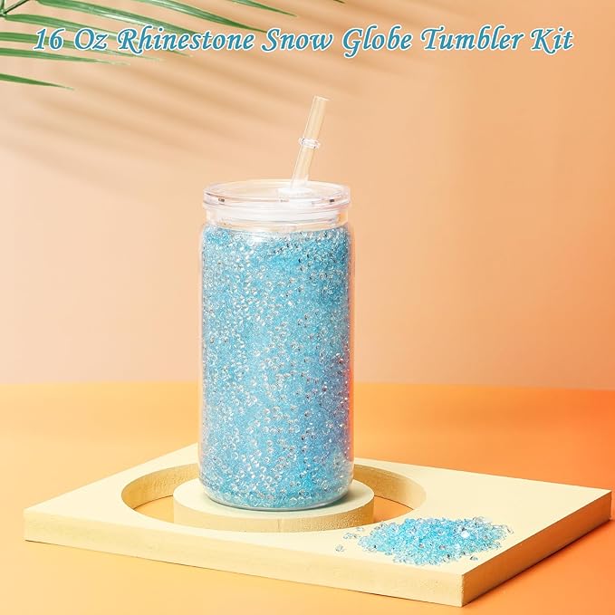 4 Pack 16 Oz Acrylic Rhinestone Snow Globe Tumbler DIY Starter Kit, Double Wall Plastic Pre-Drilled Snowglobe Tumbler Supplies Craft Tool Set with Clear Rhinestone