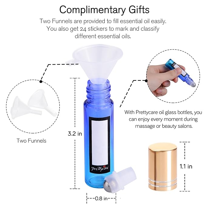 PrettyCare 12 Pack, 10 ml Essential Oil Roller Bottles with Stainless Steel Roller Ball - Refillable Leak-proof Empty Thick Rainbow Glass Roll on Bottles with Metal Caps for Travel, Perfume