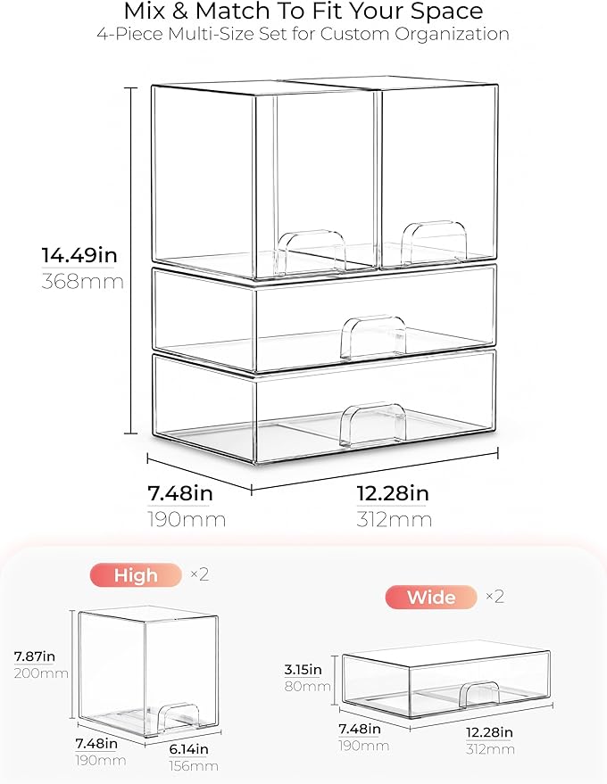 Stackable Storage Drawers Organizer Set of 4 for Bathroom Organizer Storage | Clear Plastic Organizer Bins for Baby Bottle, Kitchen Under Sink, Laundry, Pantry, Beauty, Cabinet, Medicine, Office Supplies