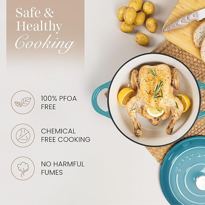 Cast Iron Dutch Oven with Lid-Non-Stick Ovenproof Enamelled Casserole Pot - Sturdy Dutch Oven Cookware-Teal, 7.3- Quart, 30cm- by Nuovva