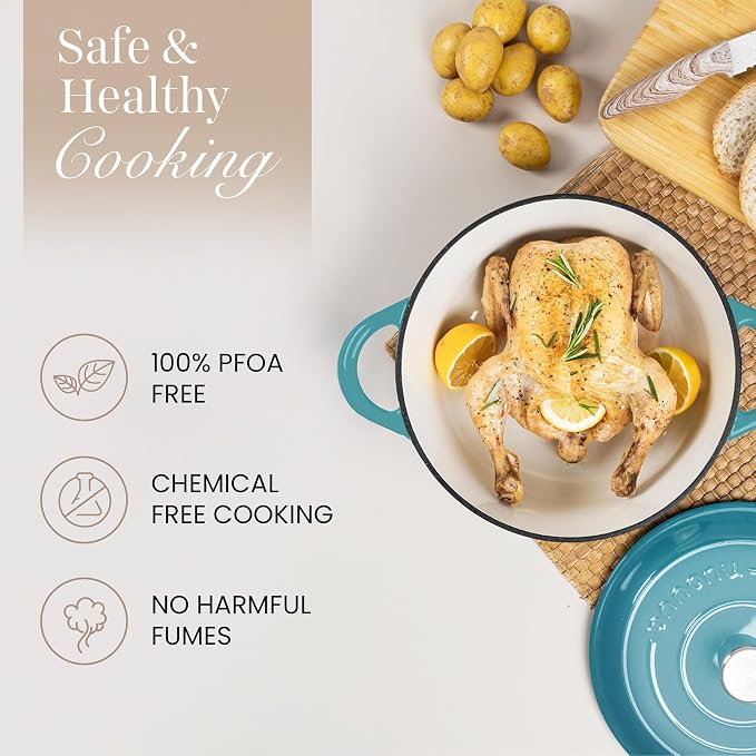 Cast Iron Dutch Oven with Lid - Non-Stick Ovenproof Enamelled Casserole Pot - Sturdy Dutch Oven Cookware - Teal, 3.1-Quart, 22cm- by Nuovva