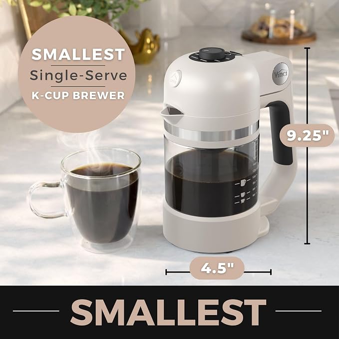 VINCI Micro Café Smallest Single-Serve Coffee Brewer | Compatible with Keurig K-Cups, K-Pods | Glass Carafe | Enclosed Brewing for Hotter Coffee | Large Capacity Reusable Filter Cup Included (White)