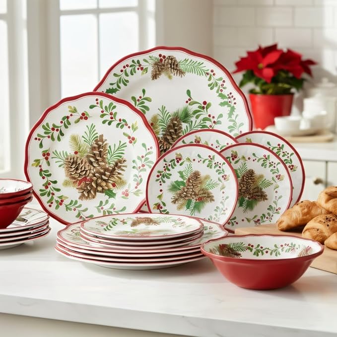 UPware 16 Piece Pinecones Melamine Dinnerware Sets, Outdoor Dishes Set, Plates and Bowls Sets, Christmas Decorations, Service for 4, Red