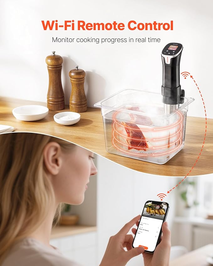 VEVOR Sous Vide Precision Cooker, 1100W Sous-Vide Cooking Machine, WIFI Immersion Circulator with 10 Preset Recipes, LCD Touchscreen, Fast-Heating, Accurate Temperature & Timer, App Control