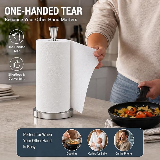 Paper Towel Holder Countertop with Suction Cups - Heavy Duty (2.9 lbs) Stainless Steel Paper Towel Dispenser, One-Hand Tear for Kitchen, Fits Standard & Mega Rolls