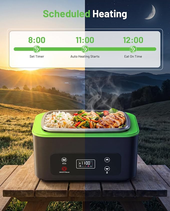 TaskStar Heated Lunch Box, 100W Cordless Electric LunchBox with Scheduled Heating and Leakproof 1.2L Battery Operated Food Warmer for Car Travel Jobsite, Portable for Truck Drivers Workers Adults