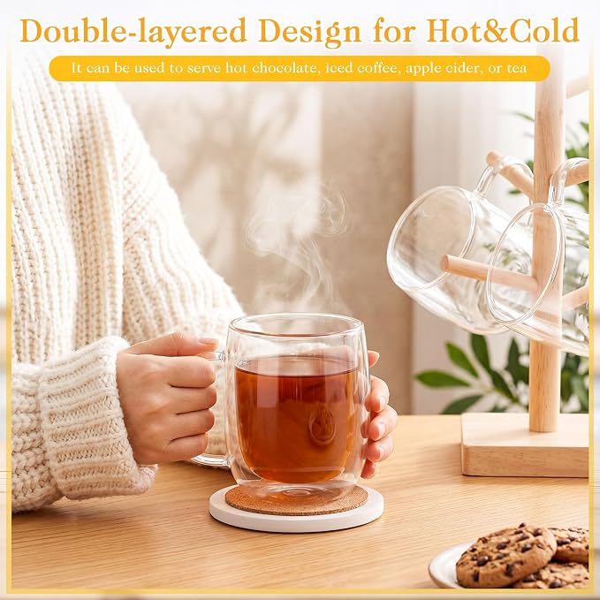 Patelai Glass Coffee Mugs Set of 6, 16 oz Clear Double Walled Coffee Cups Glasses Insulated Latte Mugs with Handle Espresso Clear Cups for Hot and Cold Beverages