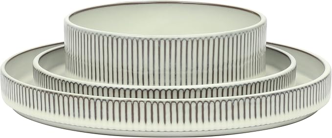 Gibson Elite 12 Piece (Service for 4) Townscape Plates and Bowls Reactive Glaze Embossed Round Dishes Terracotta Ceramic Dinnerware Set - Cream White