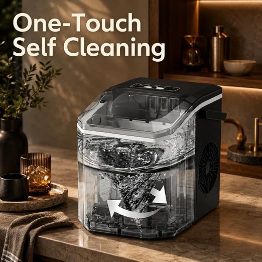 Countertop Ice Maker, Portable Ice Maker Machine, 6-Minute Fast Bullet Ice Maker with Self-Cleaning, Compact Ice Machine with Handle, Basket & Scoop for Kitchen, Home, Office, RV Camping,Black