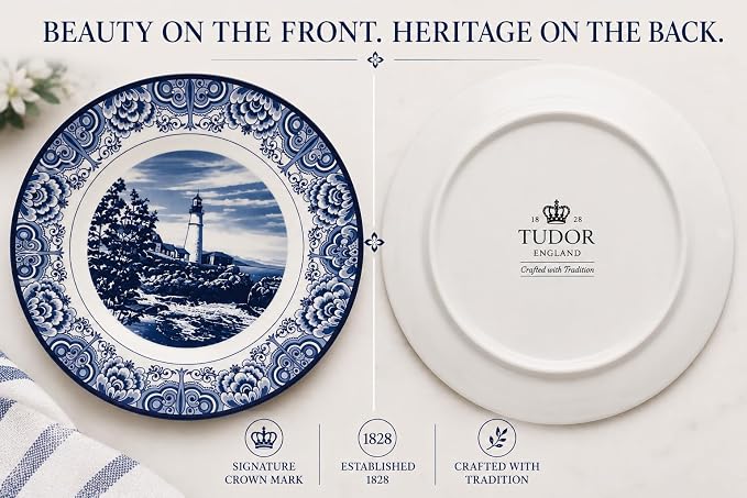 Tudor Royal 12-Piece Round Porcelain Dinnerware Set, Service for 4 - Light House Dark Blue Design, Plates Bowls Dishes, Premium Quality Tableware, Unique Pattern, Glossy