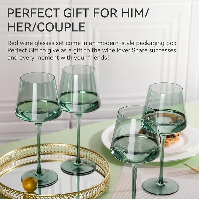 Green Wine Glasses Set of 6,18oz green Wine Glassware Gift Set for Wife & Mom-Colorful Hand Blown Glass Drinkware for Red White Wine
