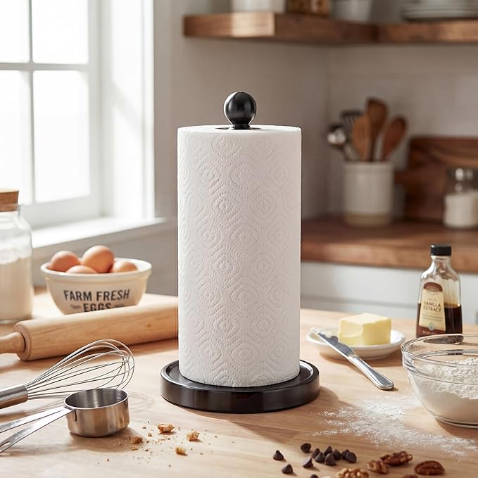 theaoo Paper Towel Holder Countertop, One-Handed Tear Paper Towel Stand Dispenser with Damping Function for Kitchen Bathroom, Stainless Steel Paper Towel Holder with Weighted Non-Slip Base (1, Black)