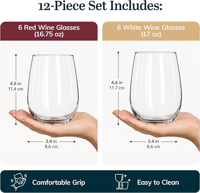 Libbey Stemless Wine Glasses Set of 12, Dishwasher Safe Set Of Wine Glasses, Perfect for Cocktails, Water, and Outdoor Glassware