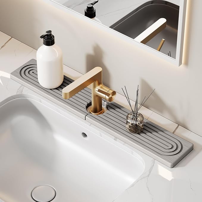 23.6 Inch Stone Faucet Mat for Kitchen Sink Splash Guard - Diatomite Quick Dry Stone Mat Kitchen Sink Protectors, Water-Absorbent Faucet Handle Drip Tray (Gray, 23.6" x 3.9")