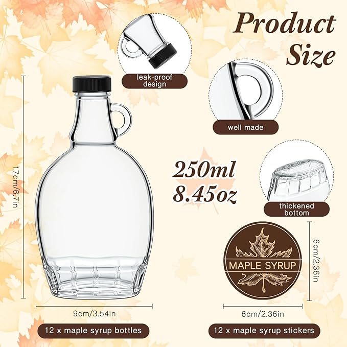 FoldTier 12 Pcs 8 oz Glass Maple Syrup Bottles Clear Reusable Glass Bottles with Lids Loop Handle and Maple Syrup Stickers Jars Container for Milk Potion Juice Sauce Oil Storage Gift(Stylish)