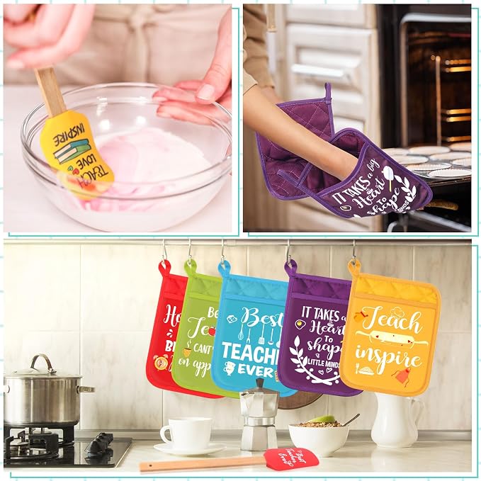 Yaomiao 24 Pcs Teacher Appreciation Pot Holders with Silicone Spatula Set Silicone Spatula Set with Wooden Handles Pot Holders Thank You Teacher Kitchen Utensils Baking Gifts for Teacher's Day