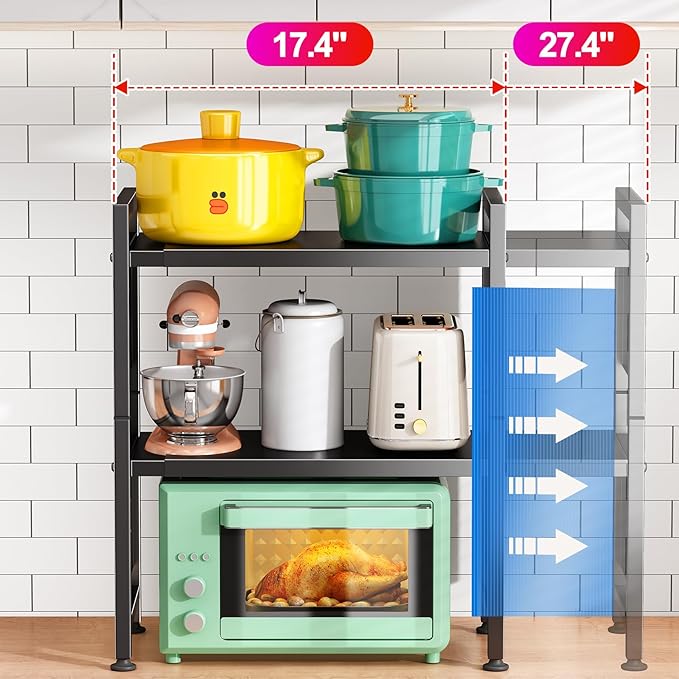 Microwave Stand, 3-Tier Expandable(17.4"- 27.4") Heavy Duty Adjustable Shelf Microwave Oven Rack, Kitchen Countertop Organizer and Storage with 9 Hooks & Cutting Board Holder, Holds up 180 lbs, Black
